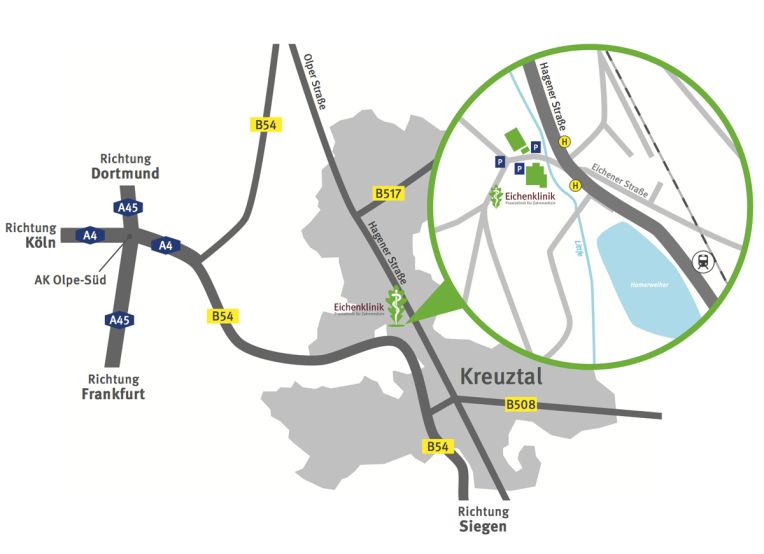 Eine detaillierte Anfahrtskizze zeigt die Lage der Eichenklinik in Kreuztal mit umliegenden Straßen und Verkehrsrouten.