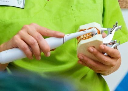 Person im grünen Kasack putzt die Zähne eines Gebissmodells